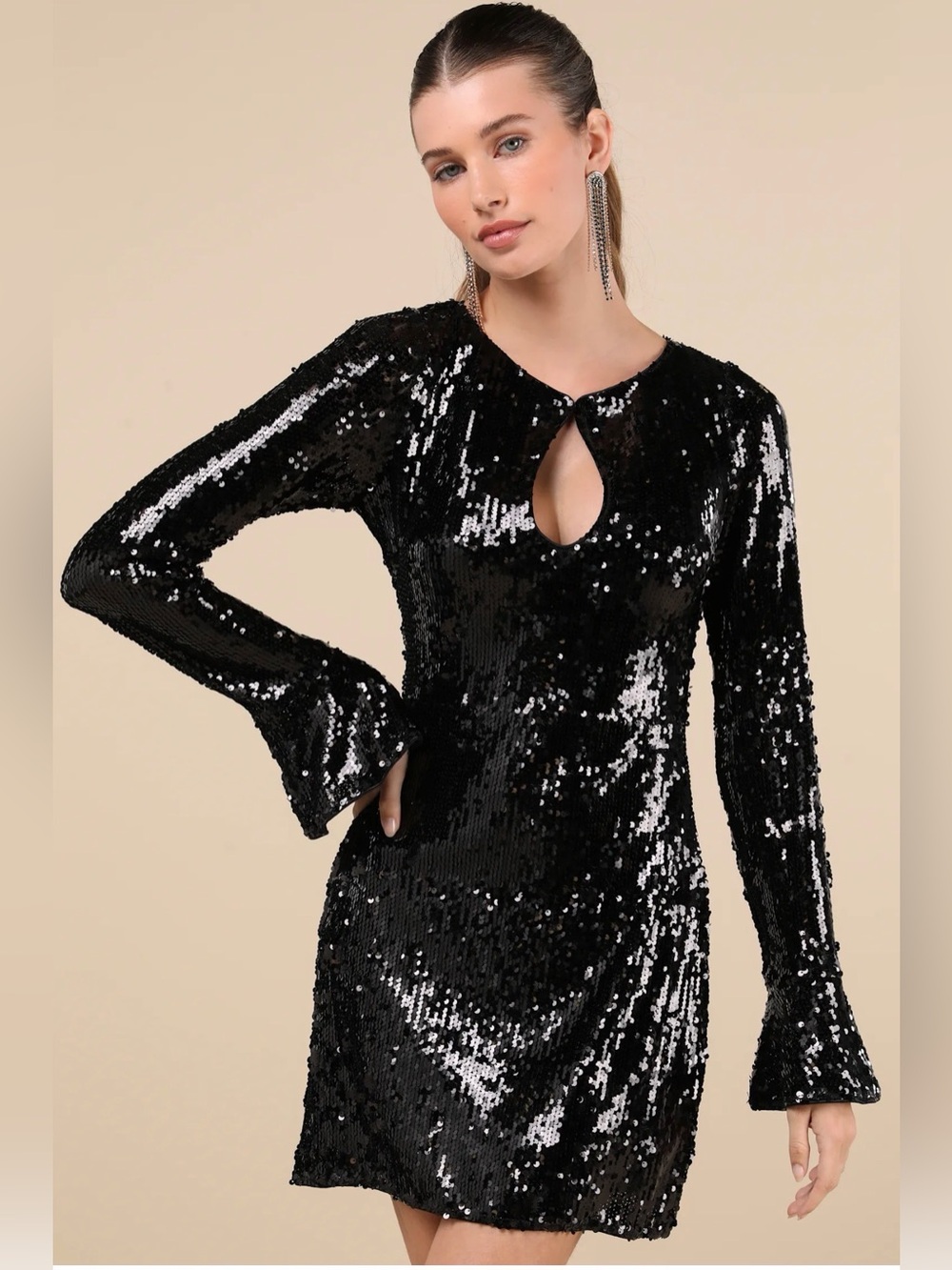 ✨ Lulus Fabulous Sparkle Black Sequin Cutout Long Sleeve Mini Dress Small ✨